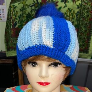 Blue and White crocheted Beanie handmade with Pom Pom